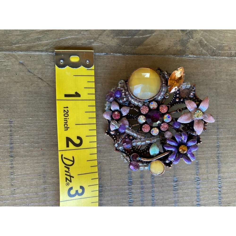 Vintage Style Floral Brooch Copper Tone Purple Pink Enamel Rhinestone Beaded Pin